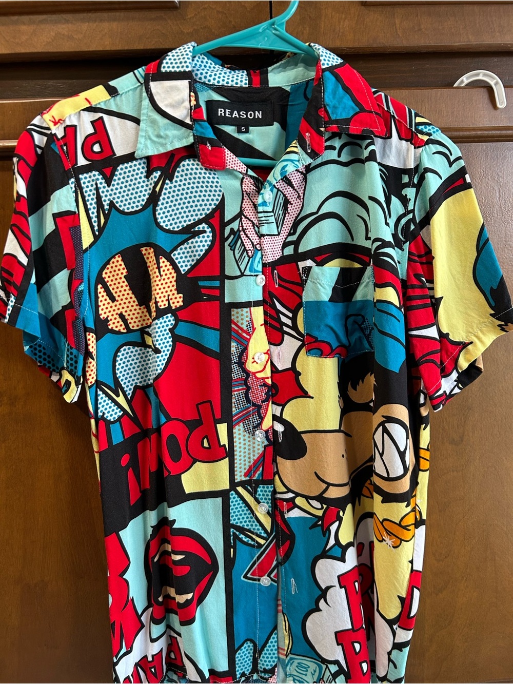 Reason Pop-Art Comic Print Button-Up Shirt in Red, Teal, Yellow, Black